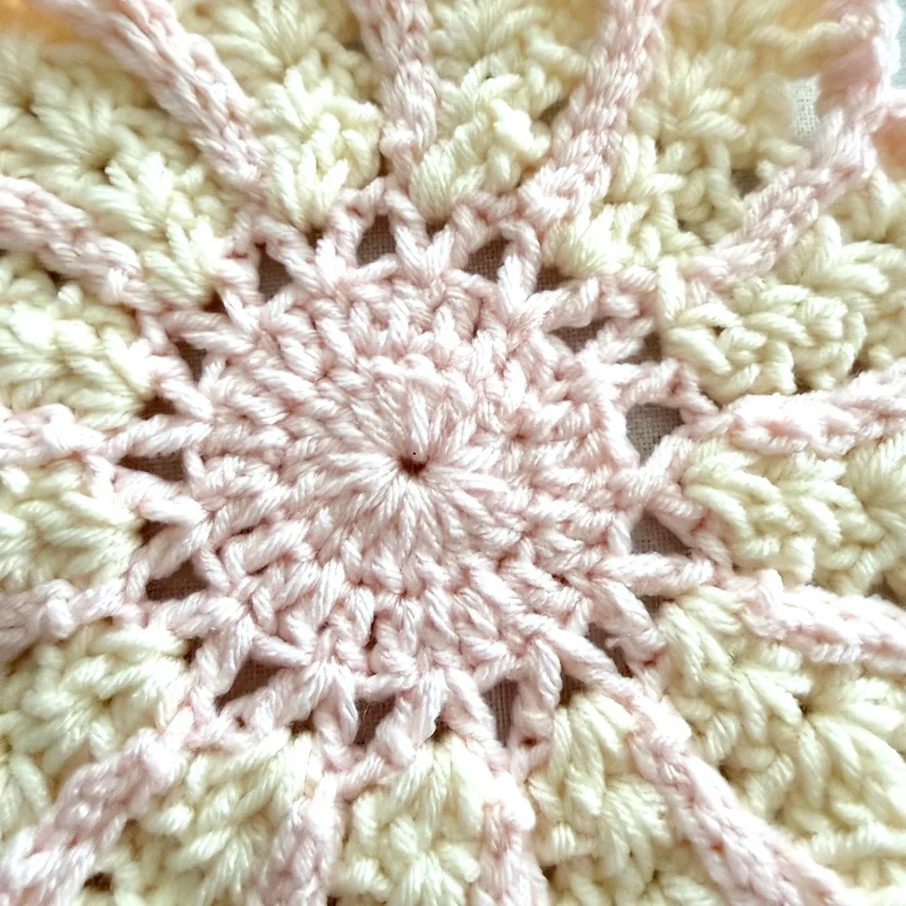 Handmade Crochet Flower Doily – Pink & Cream Floral Decor – 7x7 Inches